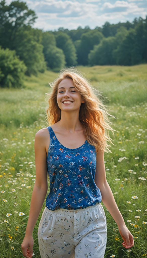 a radiant young woman with flowing golden hair, captivatingly detailed and hyper-realistic full portrait, standing gracefully in a sunlit meadow adorned with wildflowers, her bright smile exuding warmth and joy, dressed in a vibrant floral summer tank top that dances in the gentle breeze, her features reflecting the soft glow of the sun, surrounded by butterflies and a blue sky dotted with fluffy clouds, evoking a sense of bliss and freedom, reminiscent of a contemporary Impressionist masterpiece.