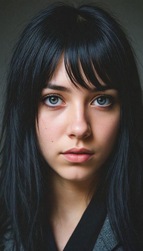 a (breathtakingly realistic upper body portrait), featuring a beautifully photo of a young Emo teen girl with exquisite facial features and striking black eyes, long straight fine black hair, bangs, dressed in a (black coat), (grey background)