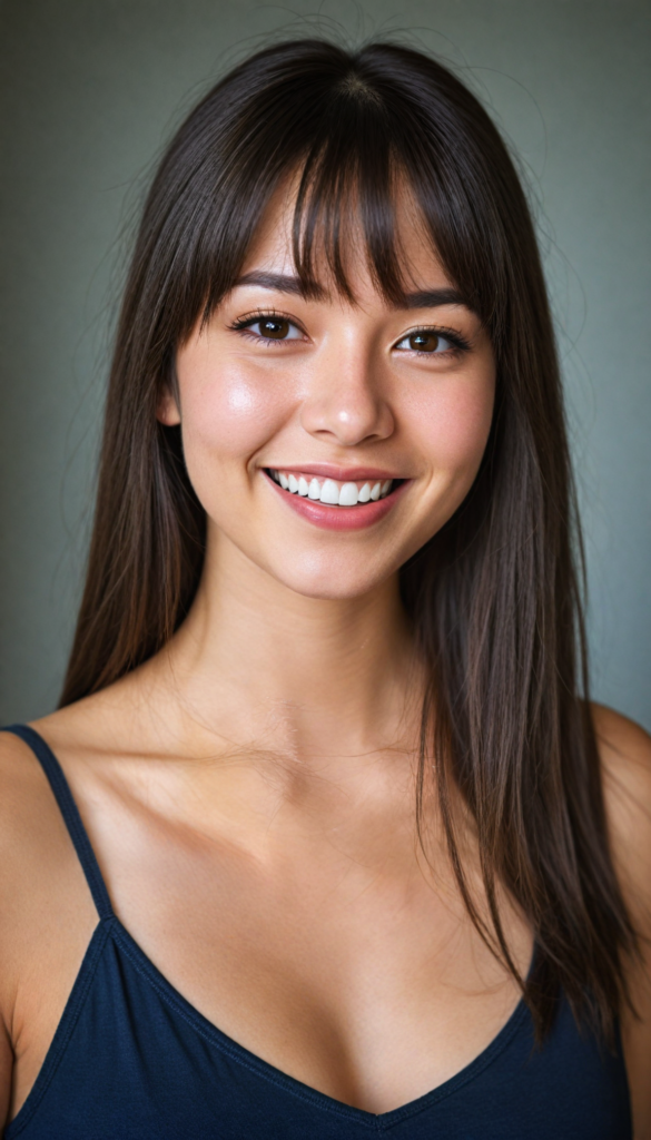 (upper body portrait) of a (beautiful) (cute) girl, (very long jet brown straight jet hair), (bangs), (plump lips), (seductive look), wide open front, (perfect curvy body), (tank top, deep v-neck), (cheerful smile), (face illuminated), (looking into the camera)