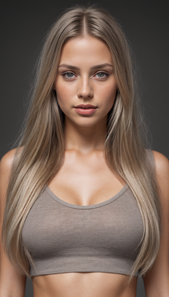 a stunning and gorgeous detailed, realistic portrait from a beautiful young happy tanned girl, long straight soft blonde hair, (grey crop top), black backdrop