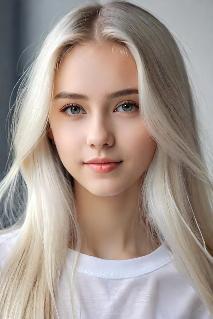 super realistic, detailed portrait, a beautiful young girl with long hair looks sweetly into the camera. She wears a white shirt.