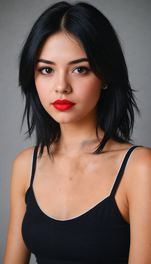 detailed and realistic photo from an innocent (young teen girl), straight black hair, (round face), black eyeliner, dark eyes, red lips, looks seductive, (black cropped tank top), (white background), front view