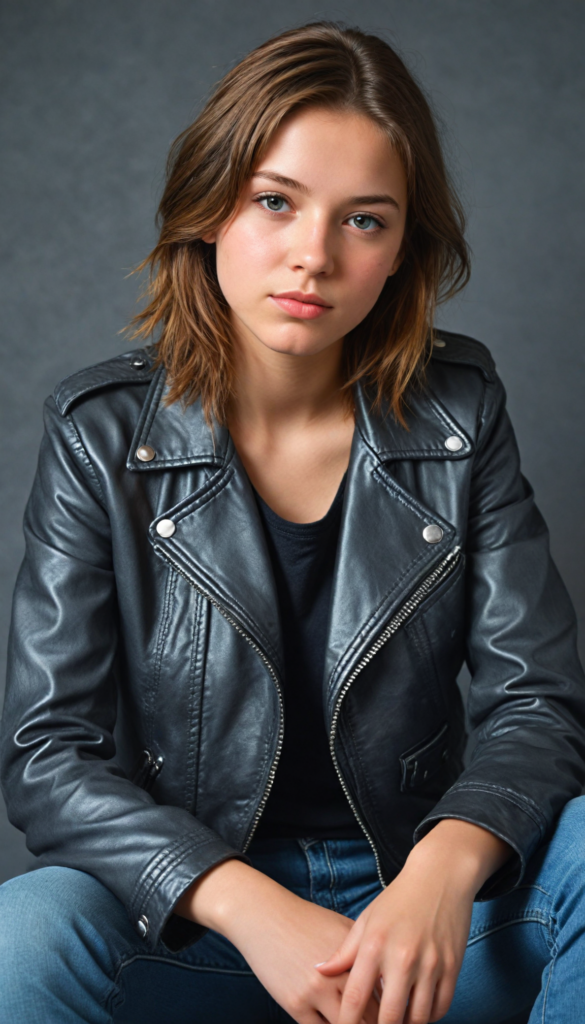 a teen girl, best quality, masterpiece, ultra high resolution, photo realistic, detailed skin, (black short aviator leather jacket), lounging, (grey background)