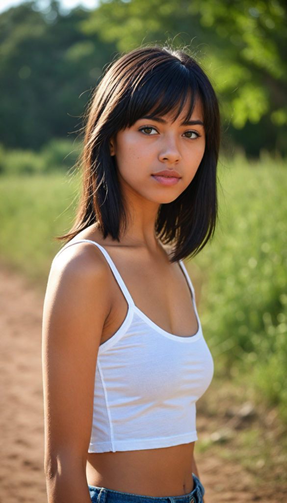 a beautifully close-up portrait (brown-skinned young well busty teen girl) with softly (straight black hair) framing her face in side bangs, full lips, (full body), she wears a white tank top, perfect curved body, in a dessert