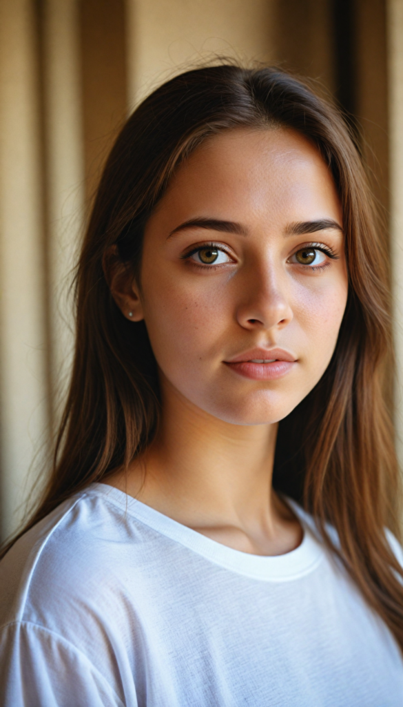 a beautifully realistic portrait, cinematic lights, Exotic teen girl, realistic detailed angelic round face, (realistic detailed eye) look at the camera, portrait shot, (wears a short (white t-shirt), white background, side perspective, (cute), (elegant), (attractive), (long, straight soft brown hair), (stunning)