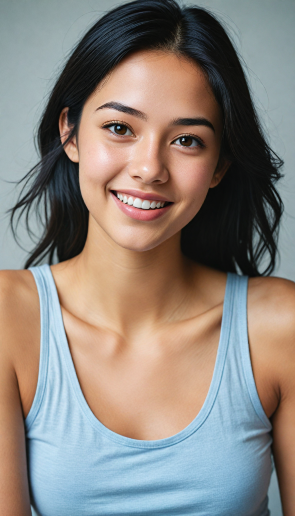 a (breathtakingly realistic portrait) capturing the essence of a cute youthful teen girl, 18 years old, warm smile, with a flawlessly proportioned upper body, perfect curved fit body, (straight, long, soft obsidian black hair), flawless, beautiful smooth skin, round angelic face with full kissable lips, wearing a thin and super sleek tank top, poised confidently against a (white canvas background)