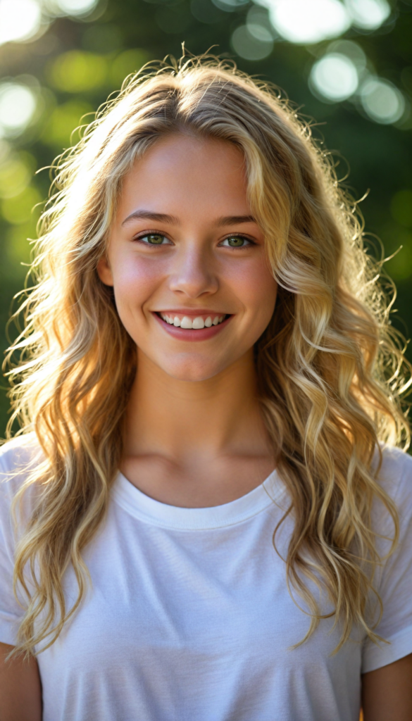 a detailed and realistic portrait from a young girl, long summer blond wavy hair, realistic and detailed dark eyes, full lips, white t-shirt, smile, white teeth, against a sunny green backdrop