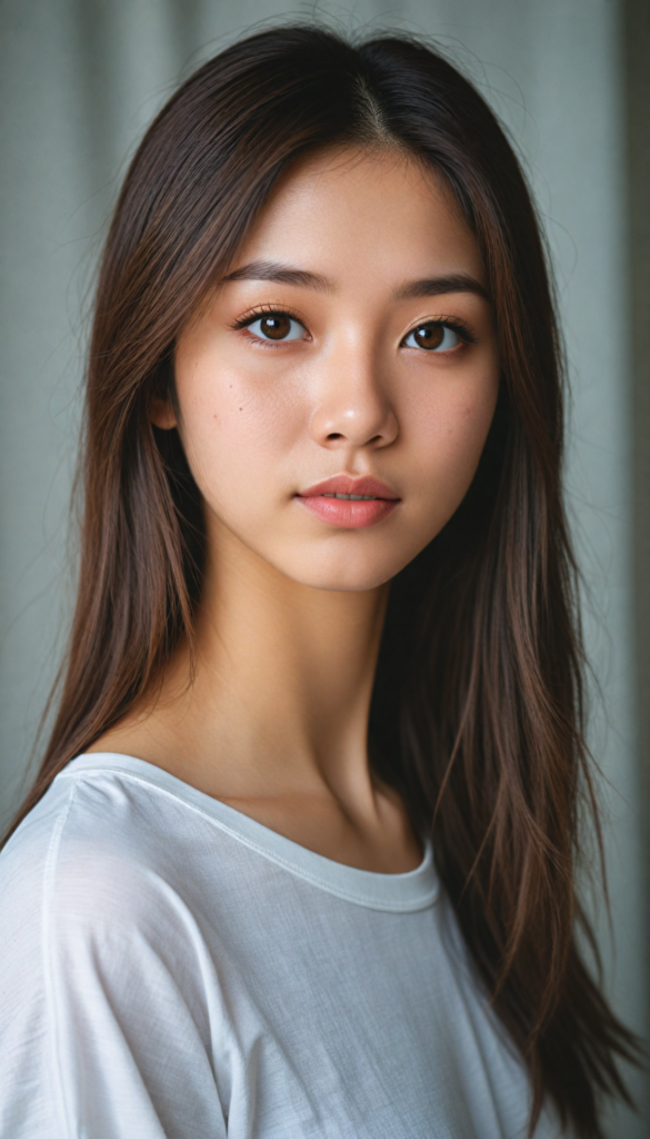 a (stunningly elegant and cute long, straight hazelnut hair) Japanese (teen girl) with a (realistically detailed angelic round face) and (realistically detailed hazelnut eyes) looking pensively at the camera in a (perfectly drawn portrait shot) against a (flawlessly detailed, realistic skin color) backdrop, wearing a (super short, tight white t-shirt made on thin silk), her flawless form elegantly framed by a side perspective, without any (background details)