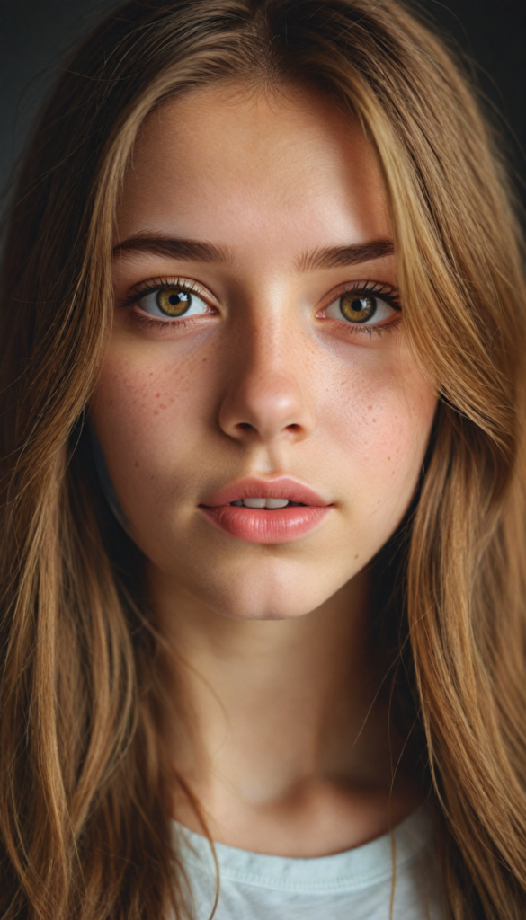 a very detailed and realistic portrait of a (cute teen girl), (long yet straight light brown hair), (realistic detailed brown eyes), (full kissable lips), (realistic detailed, light amber eyes), (face illuminated), perfect curved fit body