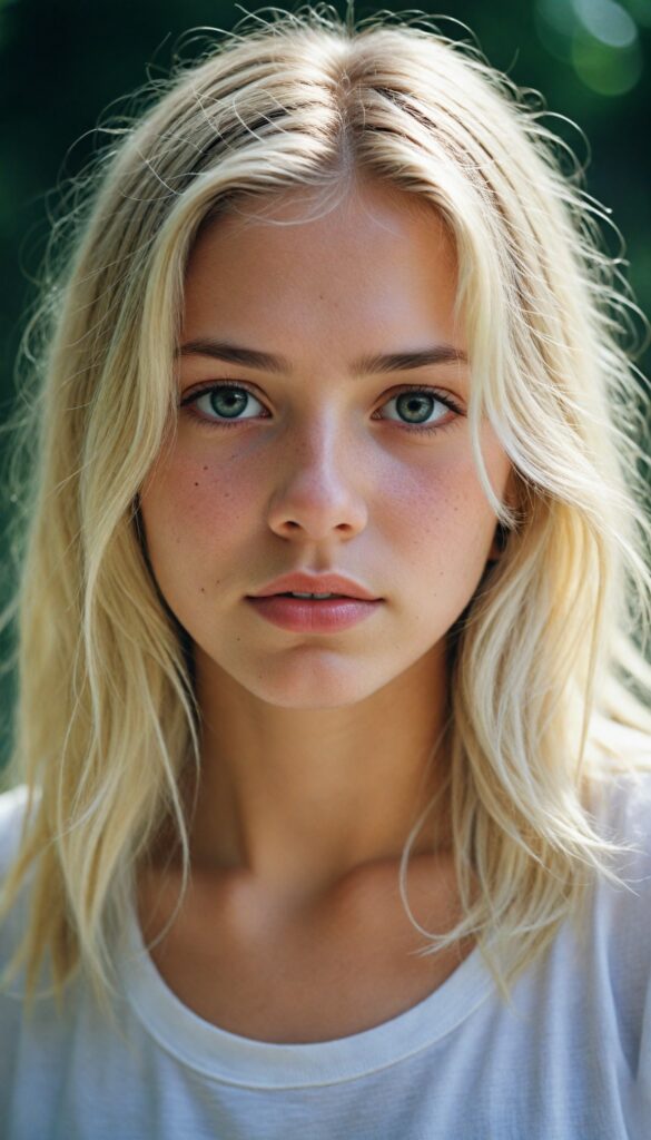 a breathtakingly detailed and hyperrealistic (professional photograph), portraying an intensely sorrowful expression on the face of a young girl with luxuriantly flowing, untamed, straight, silky white blonde hair cascading down her shoulders, despite its perfect length and texture suggesting advanced age, paired with a minimalist (white short sleeve T-shirt)