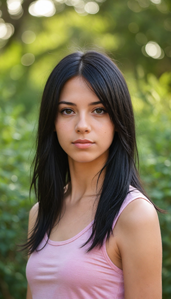 realistic and detailed portrait from a (cute teen emo girl with long, soft black straight hair framing her face in gentle waves) and amber eyes, full lips, (wears a no printed short form-fitting pink tank top), against a (sunny backdrop)