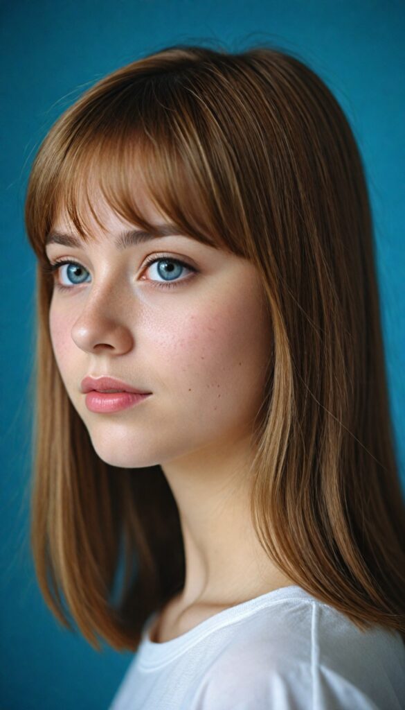 a (teen girl with bangs cut), (vividly drawn long, straight soft hazel hair) that reflects the light in a (professional night photograph), is depicted with exquisite detail, her face softly angelic yet realistically defined, big round eyes, wearing a (super short, sleek white T-shirt) against a blue backdrop, (side view)