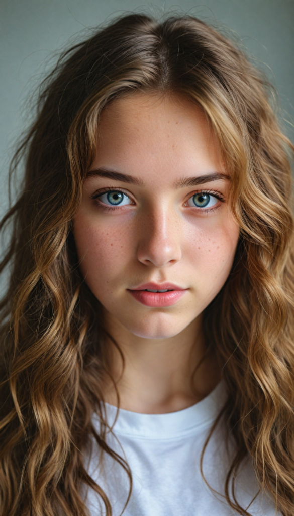 detailed and realistic photo from a young teen girl, soft long brown wavy hair, realistic eyes and face, close up portrait, white t-shirt, (gorgeous) (stunning)