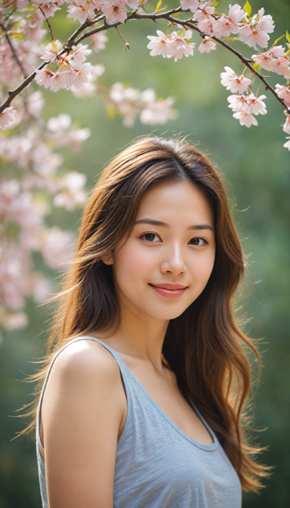 a captivating portrait of a young Japanese girl with flowing long hazelnut hair cascading gracefully over her shoulders, framed by soft cherry blossom petals gently falling around her. She has a warm, inviting smile that lights up her natural beauty. Dressed in a stylish grey tank top that complements her perfect, graceful curves, the image captures a dreamy, sunlit atmosphere, reminiscent of a soft pastel painting, blending elements of Impressionism and contemporary portraiture. The background features a subtle watercolor wash, enhancing the tranquil scene.