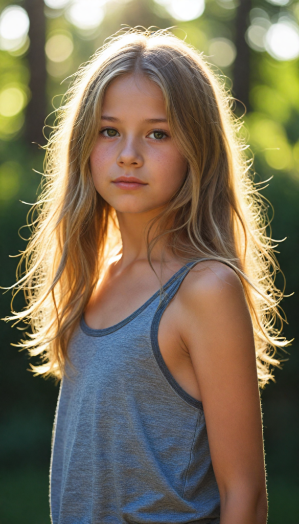 a (detailed and realistic photo), capturing a (very cute young girl), with long, flowing, messy soft brown-blonde hair, wearing a (tank top), all against a backdrop of a (beautiful, sunny day in nature)