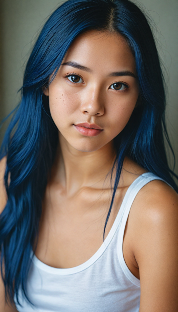 super realistic, detailed portrait, a beautiful young Asian girl with long dark blue hair looks sweetly into the camera. She wears a white tank top.