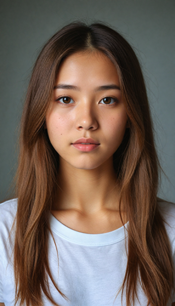 a stunningly elegant and cute Asian teenage girl with long, straight hazelnut hair, with a (realistically detailed angelic round face) and (realistically detailed hazelnut eyes) looking pensively at the camera, wearing a (super short, tight white t-shirt)