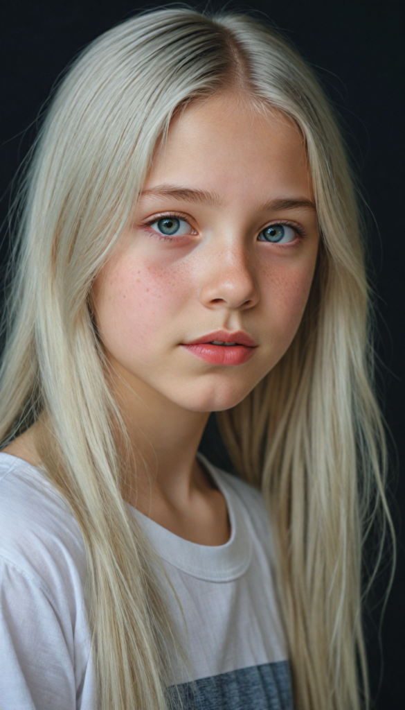 (portrait), detailed pencil drawing, silvery-skinned (young innocent girl), long soft straight platinum hair, white t-shirt