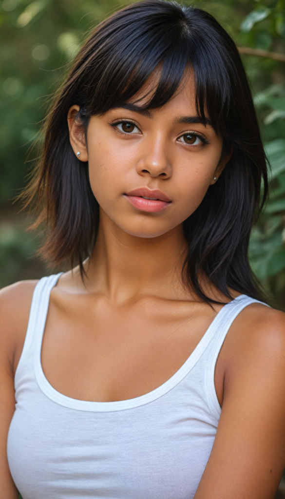 a beautifully upper-body portrait (brown-skinned young well busty teen girl) with softly (straight black hair) framing her face in side bangs, full lips, she wears a white tank top, perfect curved body, in a dessert