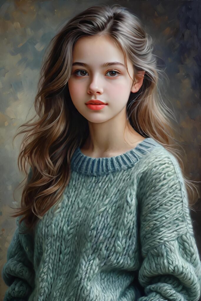 super realistic, detailed, ((gorgeous)) ((stunning)) cute young girl, full portrait, 18 years old, oil painting style, thin wool sweater