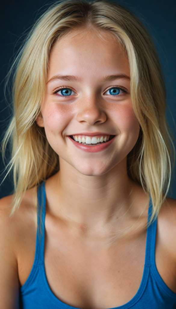 (realistic, detailed) (stunning) portrait, a young girl, perfect curved body, smile, straight gold hair, blue eyes, detailed face, wears a blue short tank top