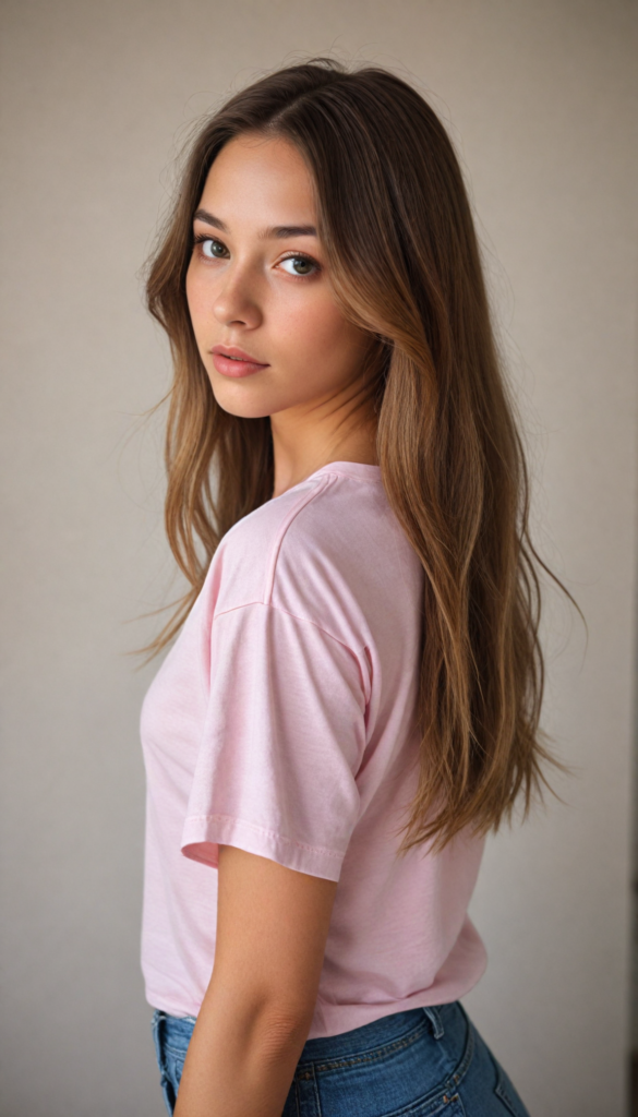 an attractive (teen girlie) dressed in a sleek, (short-cropped light pink t-shirt), with flowing, long tresses cascading down her back, captured in a (vividly realistic photo). Her features are softly highlighted by the dimly lit room