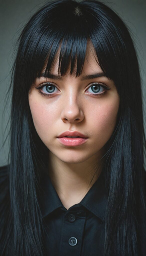 a (breathtakingly realistic upper body portrait), featuring a beautifully photo of a young Emo teen girl with exquisite facial features and striking black eyes, long straight fine black hair, bangs, dressed in a (black coat), (grey background)