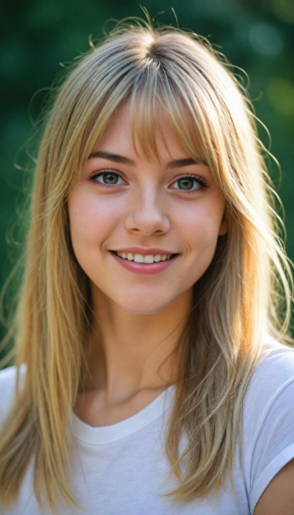 a detailed and realistic photo from a (cute) Europe teen girl (long, straight light blond hair, bangs), (stunning), (gorgeous), beautifully realistic, cinematic lights, realistic detailed angelic round face, (realistic detailed amber eye) looks happy at the camera, perfect curved body, (wears a super short tight (white t-shirt)), perfect anatomy, side perspective, against a sunny green backdrop