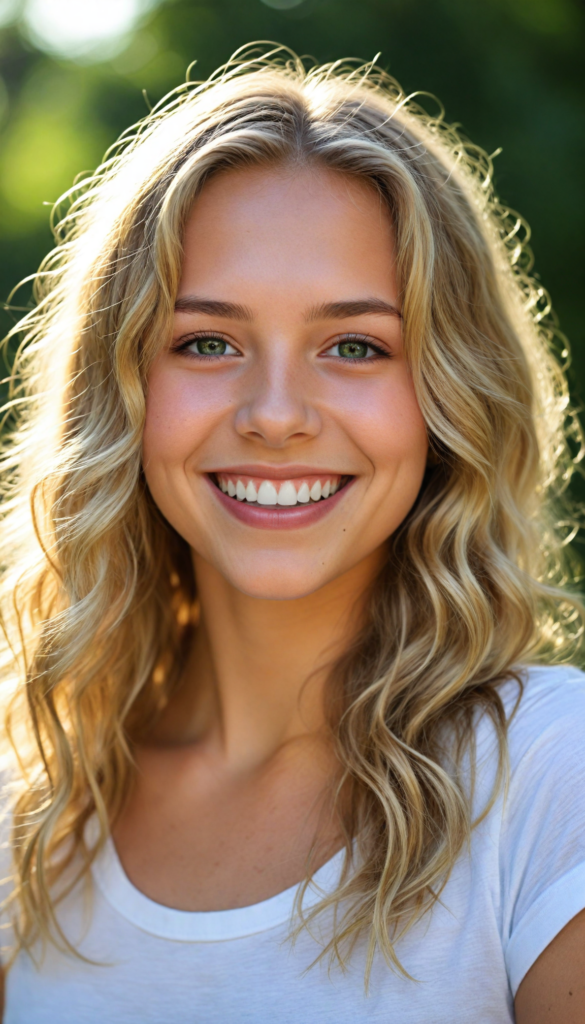 a detailed and realistic portrait from a young girl, long summer blond wavy hair, realistic and detailed dark eyes, full lips, white t-shirt, smile, white teeth, against a sunny green backdrop