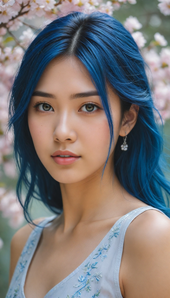 a hyper-realistic, intricately detailed portrait of a stunning young Asian girl with flowing, sapphire-blue hair that cascades like silk. Her gentle gaze is both playful and introspective, inviting the viewer into her world. She wears a delicate white tank top adorned with subtle floral embroidery, which softly contrasts with the vibrant hues of her hair. The background is a dreamy blend of soft pastel colors, evoking a serene atmosphere, with hints of sunlight filtering through a cherry blossom tree, adding a touch of ethereal beauty to the scene.