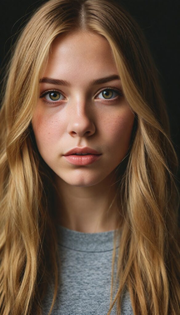 a very detailed and realistic upper body portrait of a (girl), (long yet straight copper-blond hair), (realistic detailed brown eyes), (full kissable lips), (realistic detailed, light amber eyes), (face illuminated)