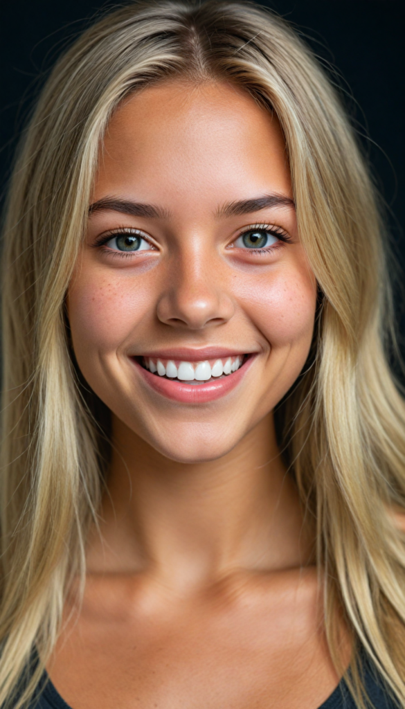 a stunning and gorgeous detailed, realistic portrait from a beautiful young happy tanned girl, long straight soft blonde hair, (grey crop top), black backdrop