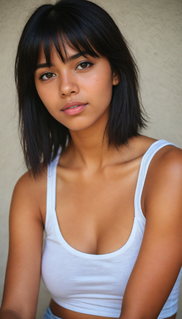 a beautifully upper-body portrait (brown-skinned young well busty teen girl) with softly (straight black hair) framing her face in side bangs, full lips, she wears a white tank top, perfect curved body, in a dessert