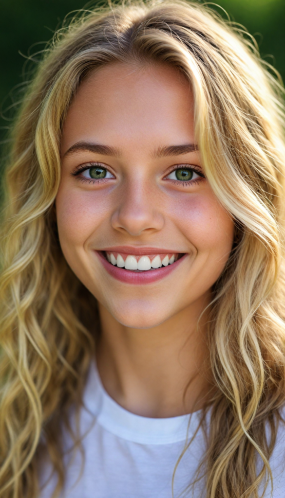 a detailed and realistic portrait from a young girl, long summer blond wavy hair, realistic and detailed dark eyes, full lips, white t-shirt, smile, white teeth, against a sunny green backdrop