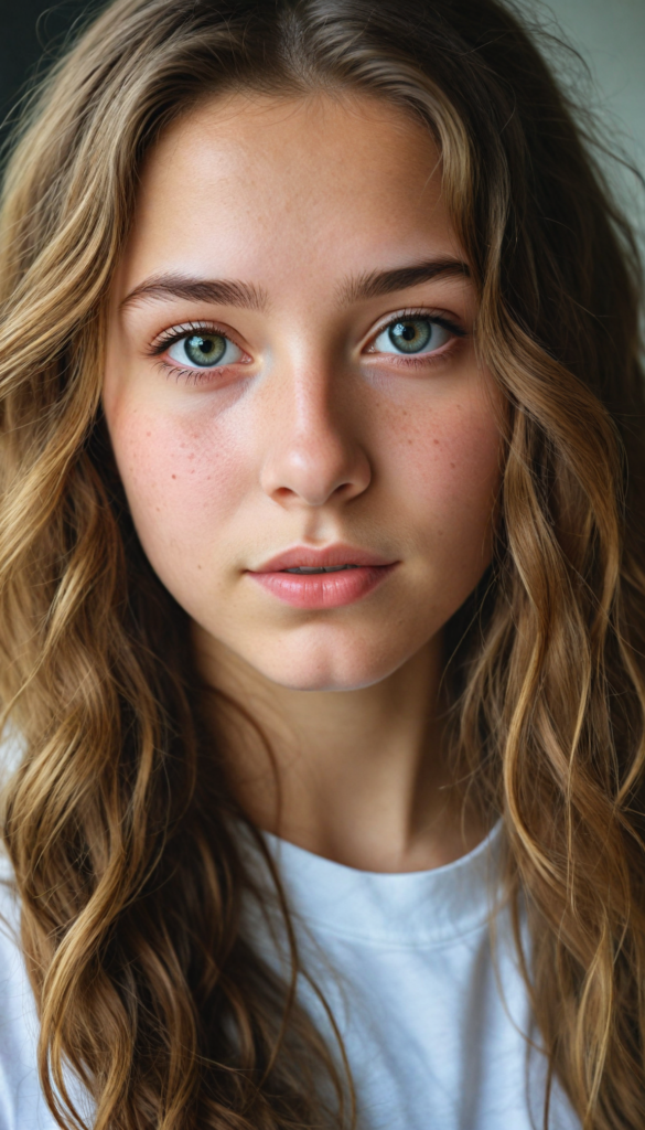 detailed and realistic photo from a young teen girl, soft long brown wavy hair, realistic eyes and face, close up portrait, white t-shirt, (gorgeous) (stunning)