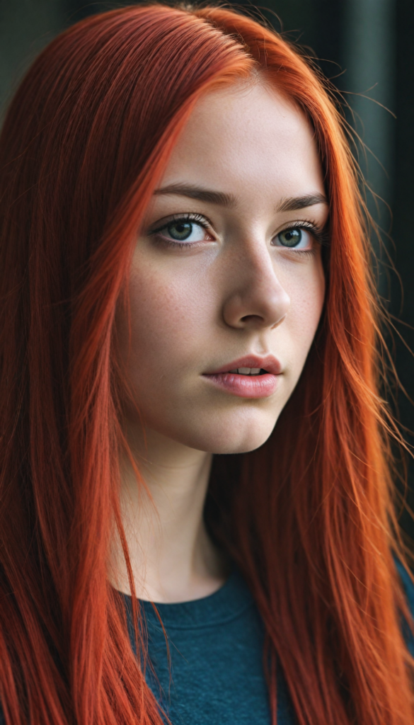 a realistic, detailed, dynamic photography from a beautiful young teen (Emo girl), with (detailed red long soft straight hair), looking into the camera, dynamic cinematic lights, perfect detailed face, side view, (close up portrait), (stunning), (gorgeous), (grey background)