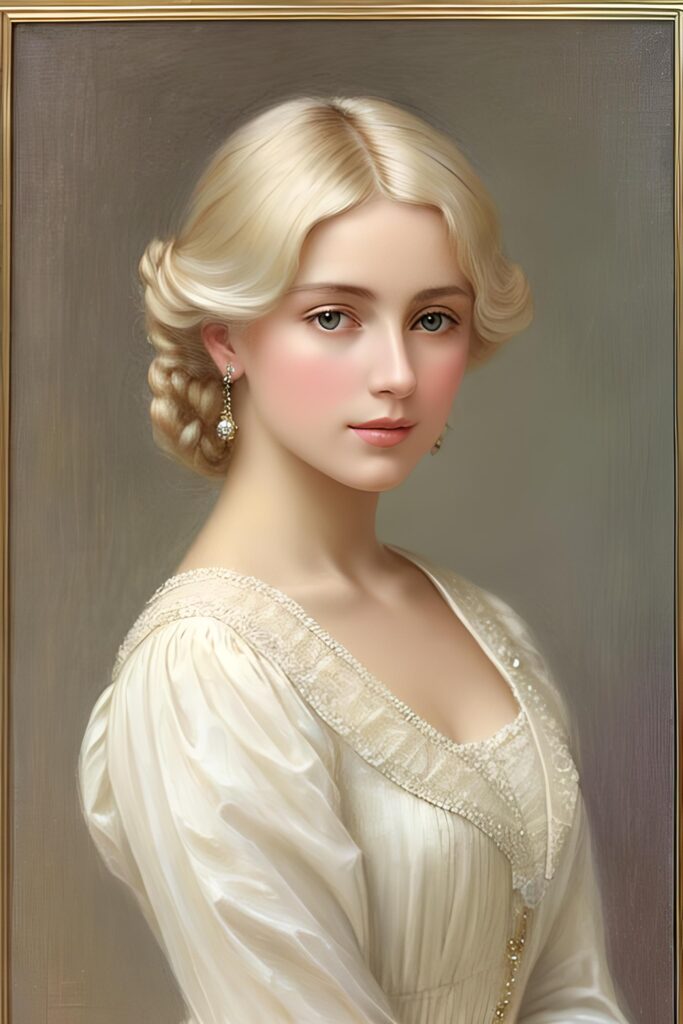 a beautifully drawn (((blonde woman))) in the style of late 19th century, with delicate details and a soft color palette that evokes an atmosphere of timeless elegance