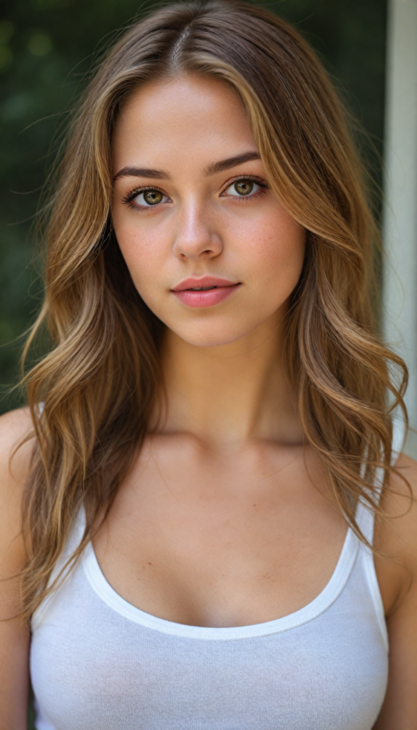 a very detailed and realistic portrait of a (cute teen girl), (long yet straight light brown hair), (realistic detailed brown eyes), (full kissable lips), (realistic detailed, light amber eyes), (face illuminated), (wearing a very low cut (white tank top) made on fine wool), perfect curved fit body