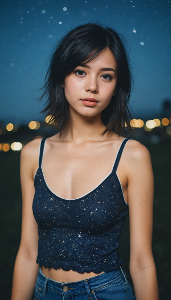 generate a photorealistic upper body image of a (realistically drawn passionate emo girl with long soft black straight hair, wears a short form-fitting cropped tank top, caught in a moment of surprise) featuring intricate details and realistic textures that mimic the look of (amber eyes), paired with a (starry night sky) backdrop. The scene should embody the (passionately emotive style) associated with the name, bringing together the (softly twinkling starlight) and (deeply felt emotional depth) that define this captivating aesthetic