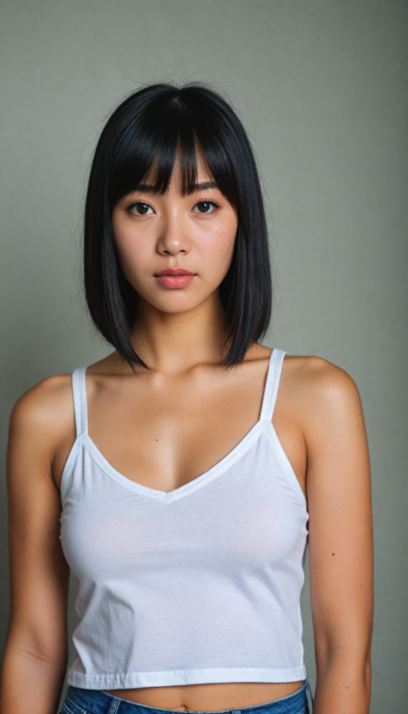 super realistic, 4k, detailed face, cute petite Asian teen girl, long black straight soft hair, bangs cut, wear a white short tight cropped tank top with deep v-neck, looks at the camera, portrait shot