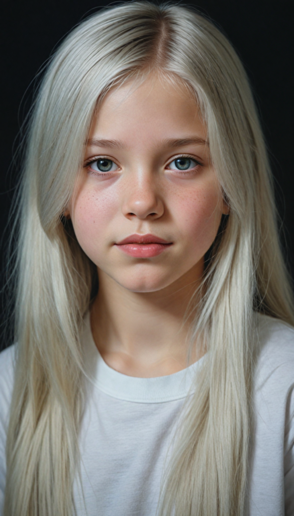 (portrait), detailed pencil drawing, silvery-skinned (young innocent girl), long soft straight platinum hair, white t-shirt