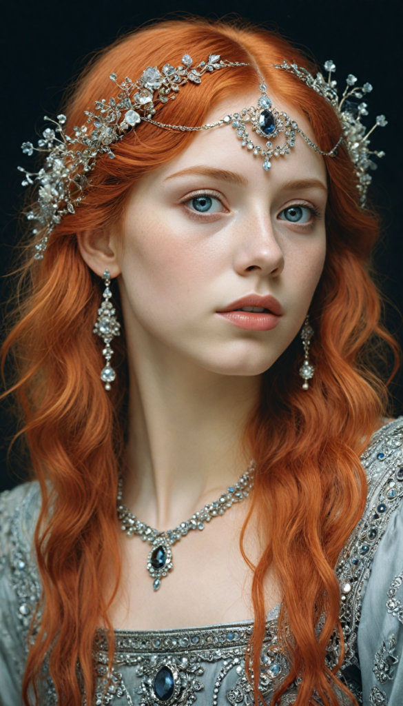 (ethereal portrait), intricately detailed pencil drawing, a silvery-skinned (young teen girl) with cascading, fiery-red hair illuminated by an otherworldly glow, her eyes reflecting the cosmos, adorned with delicate silver jewelry that twinkles like stars, set against a deep, velvety black background that enhances her luminous presence, reminiscent of the works of Alphonse Mucha and Gustav Klimt