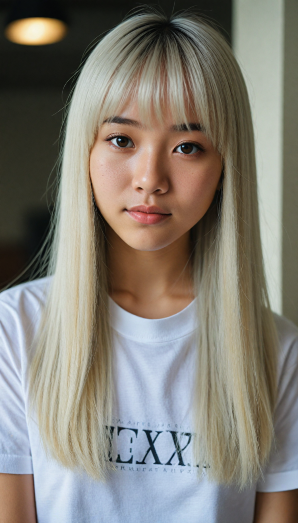 (portrait), detailed, (Asian young cute girl), long straight platinum hair, bangs cut, white t-shirt