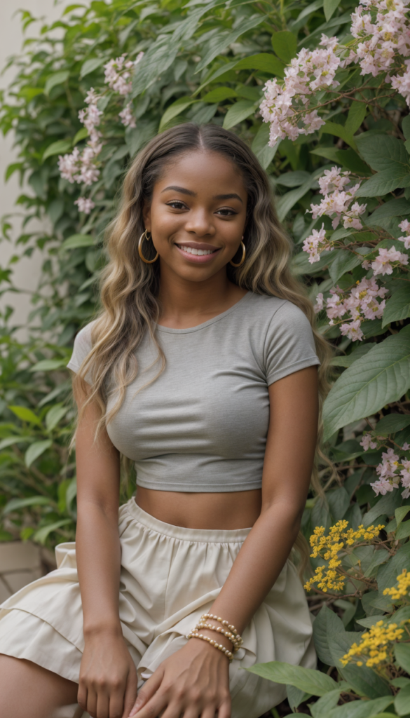 a captivating portrait of a joyful young woman with deep, rich melanin skin radiating warmth. She sports long, flowing straight blonde hair that gleams like silk in the sunlight, contrasting beautifully with her vibrant features. Dressed in a chic grey crop top, she sits against a backdrop of an ethereal garden filled with vivid flowers and whimsical plants, their colors popping against her attire. Delicate butterflies flutter around her, adding a sense of magic, while a soft bokeh effect blurs the background, drawing focus to her radiant smile and sparkling eyes. The art style combines elements of hyperrealism and impressionism, reminiscent of Claude Monet's vibrant colors blended with the striking detail of Kehinde Wiley