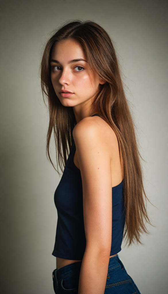 an attractive (teen girl) dressed in a sleek, (short-cropped tank top), with flowing, long tresses soft hair, cascading down her back, captured in a (vividly realistic photo). Her features are softly highlighted by the dimly lit room