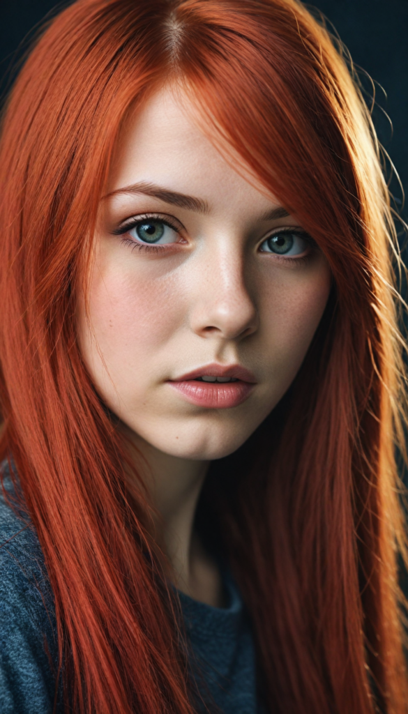 a realistic, detailed, dynamic photography from a beautiful young teen (Emo girl), with (detailed red long soft straight hair), looking into the camera, dynamic cinematic lights, perfect detailed face, side view, (close up portrait), (stunning), (gorgeous), (grey background)