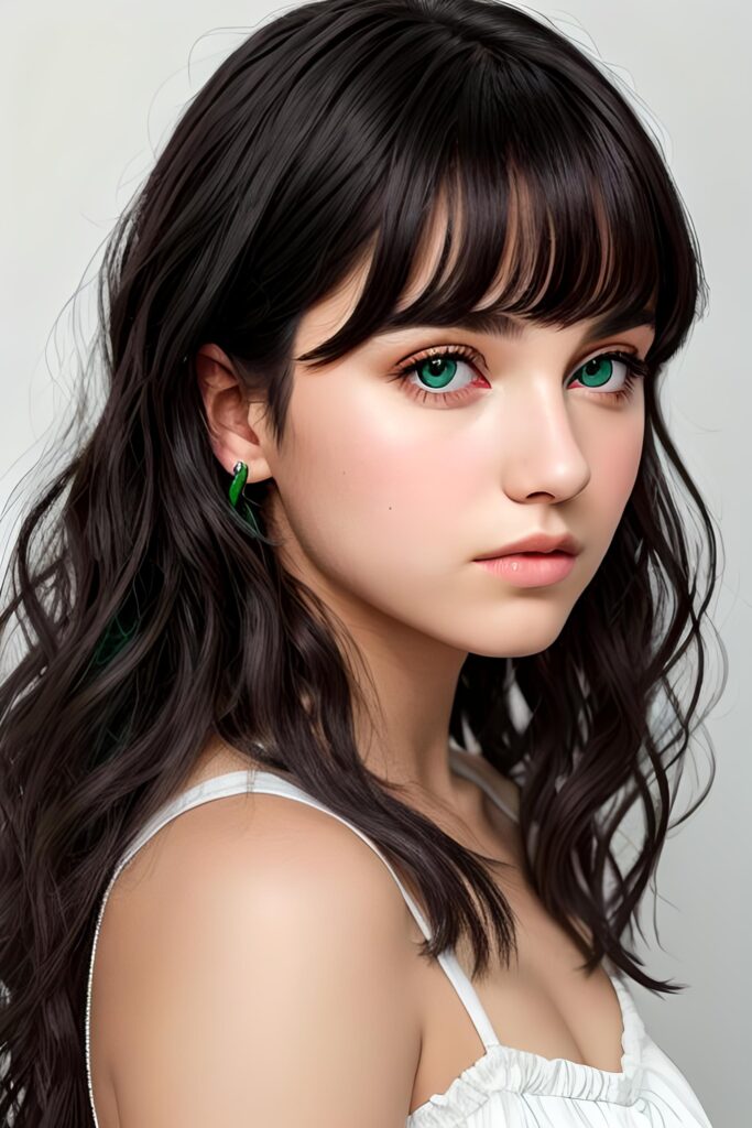 ((gorgeous)) ((stunning)) ((portrait)) masterpiece of teen girl detailed face with green eyes, black wavy hair, bangs cut