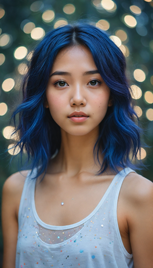 hyper-realistic, intricately detailed portrait of a captivating young Asian girl with flowing, iridescent dark blue hair that glimmers like the night sky. She gazes softly into the camera, her expression embodying a blend of innocence and curiosity. Adorned in a delicate, sheer white tank top that subtly catches the light, the background features a dreamy bokeh of soft pastel colors, creating an ethereal atmosphere. Incorporate elements of watercolor splashes and shimmering glitter for a magical touch, reminiscent of contemporary fantasy art styles.