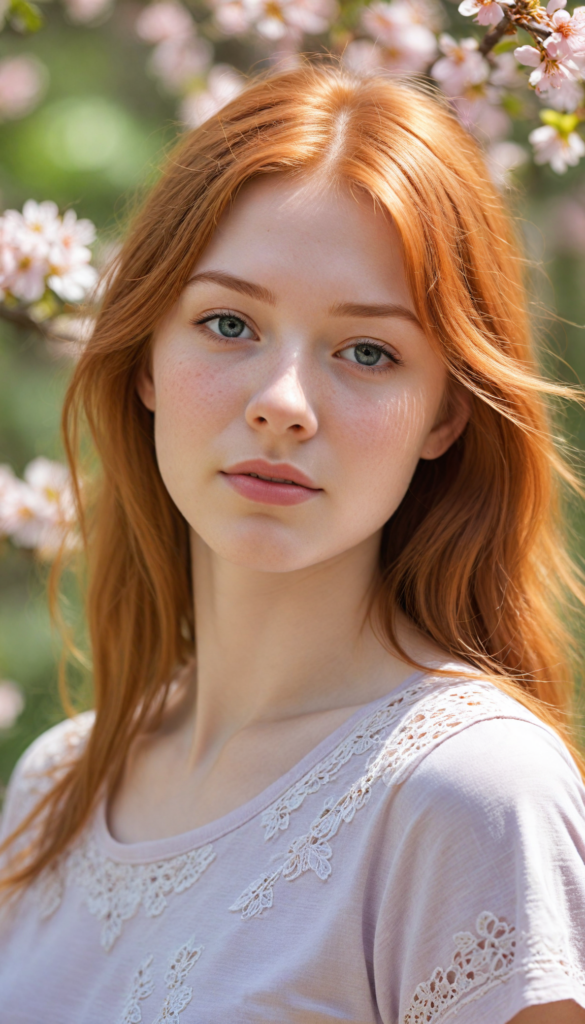 close-up portrait, a whimsical scene featuring a serene red-haired teen girl with straight hair flowing gently in the breeze, dressed in a delicate light pink, fitted t-shirt adorned with subtle lace details. She is posing, surrounded by blooming cherry blossom trees, with petals drifting gracefully around her. Her expression radiates innocence and curiosity as she gazes at a brightly colored butterfly that flits nearby, capturing the essence of a dreamy spring afternoon, reminiscent of a watercolor painting in the style of Claude Monet.