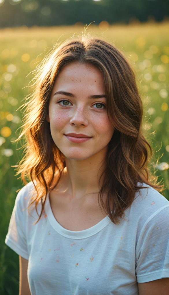 a captivating close-up portrait of a young teen girl with soft, flowing brown hair illuminated by golden sunlight, wearing a casual white t-shirt. Her expressive eyes reflect a world of dreams, adorned with delicate freckles across her cheeks, capturing an enchanting essence. The background is a blurred meadow filled with wildflowers, creating a serene atmosphere that highlights her beauty. The image exudes warmth and charm, evoking a sense of youthful wonder and joy.